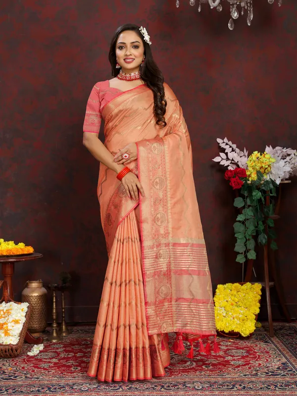 Peach_Soft_Katan_Silk_With_Zari_Weaving_Design_And_Zari_Weaving_Pallu_Border_Saree