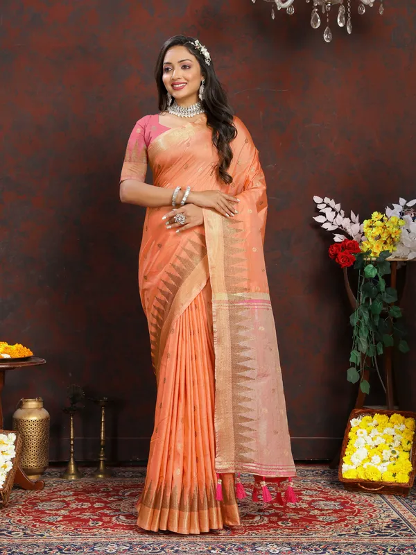 Peach_Soft_Katan_Silk_With_Zari_Weaving_Design_And_Zari_Weaving_Pallu_Border_Saree