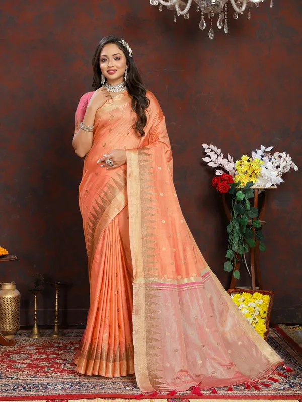 Peach_Soft_Katan_Silk_With_Zari_Weaving_Design_And_Zari_Weaving_Pallu_Border_Saree