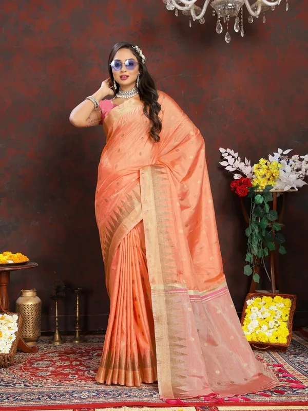 Peach_Soft_Katan_Silk_With_Zari_Weaving_Design_And_Zari_Weaving_Pallu_Border_Saree