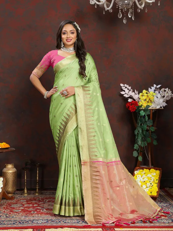 Pista_Soft_Katan_Silk_With_Zari_Weaving_Design_And_Zari_Weaving_Pallu_Border_Saree