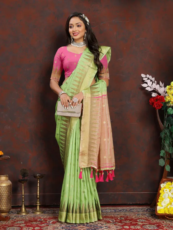 Pista_Soft_Katan_Silk_With_Zari_Weaving_Design_And_Zari_Weaving_Pallu_Border_Saree