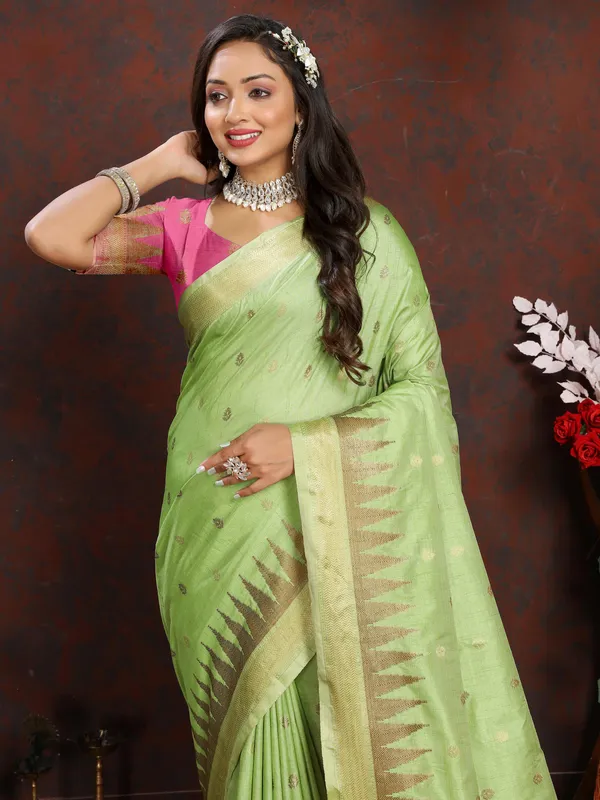 Pista_Soft_Katan_Silk_With_Zari_Weaving_Design_And_Zari_Weaving_Pallu_Border_Saree