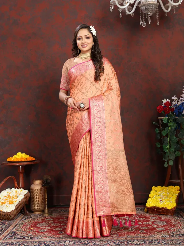 Peach_Soft_Katan_Silk_With_Zari_Weaving_Design_And_Zari_Weaving_Pallu_Border_Saree