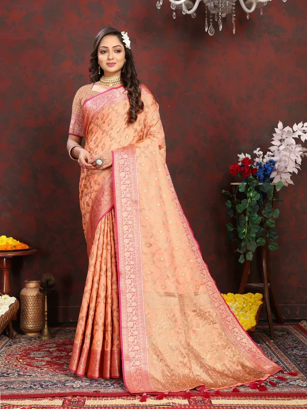 Peach_Soft_Katan_Silk_With_Zari_Weaving_Design_And_Zari_Weaving_Pallu_Border_Saree