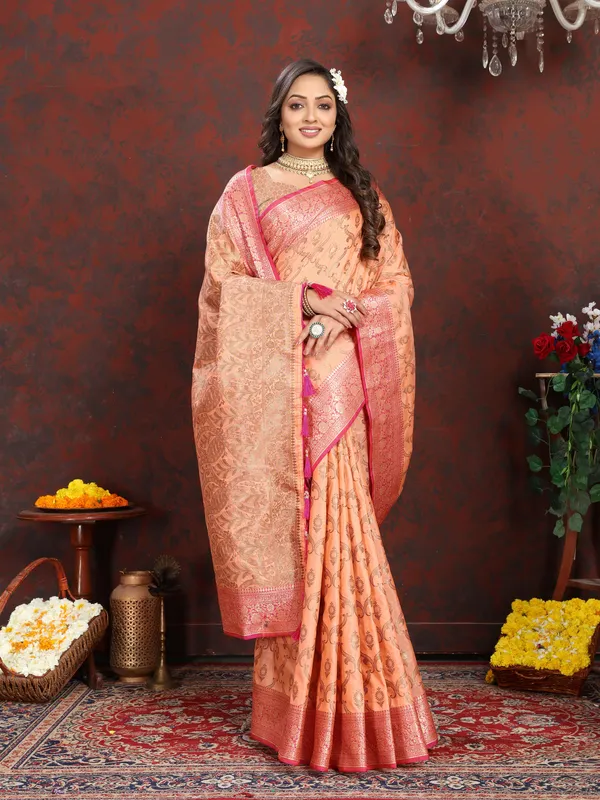 Peach_Soft_Katan_Silk_With_Zari_Weaving_Design_And_Zari_Weaving_Pallu_Border_Saree