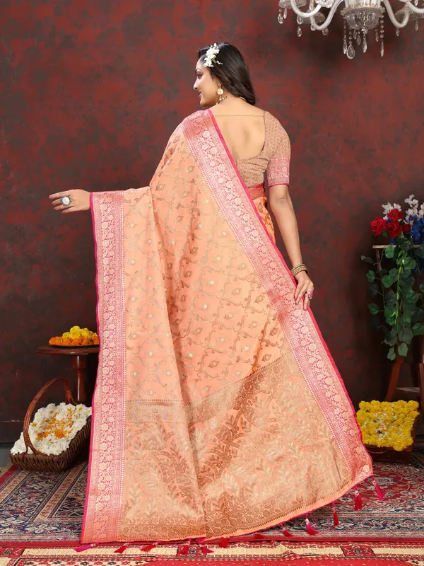 Peach_Soft_Katan_Silk_With_Zari_Weaving_Design_And_Zari_Weaving_Pallu_Border_Saree
