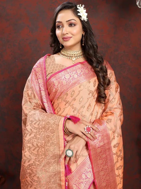 Peach_Soft_Katan_Silk_With_Zari_Weaving_Design_And_Zari_Weaving_Pallu_Border_Saree