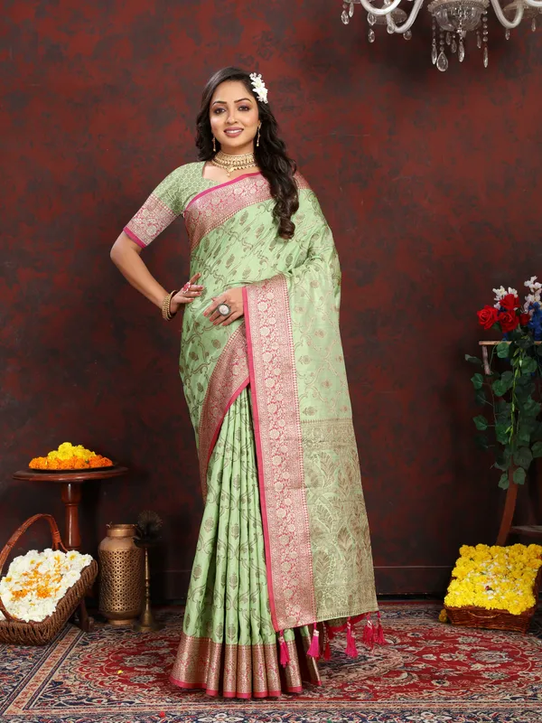 Pista_Green_Soft_Katan_Silk_With_Zari_Weaving_Design_And_Zari_Weaving_Pallu_Border_Saree
