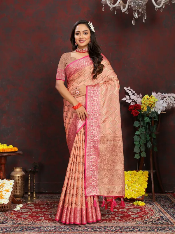 Peach_Soft_Katan_Silk_With_Zari_Weaving_Design_And_Rich_Zari_Weaving_Pallu_Border_Saree