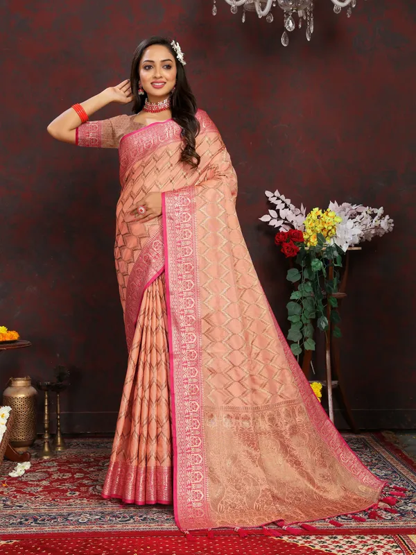 Peach_Soft_Katan_Silk_With_Zari_Weaving_Design_And_Rich_Zari_Weaving_Pallu_Border_Saree