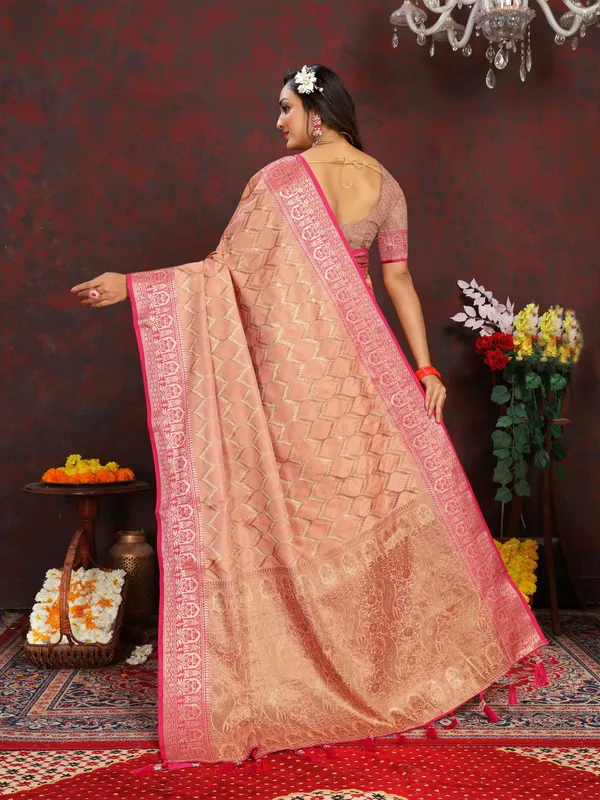 Peach_Soft_Katan_Silk_With_Zari_Weaving_Design_And_Rich_Zari_Weaving_Pallu_Border_Saree