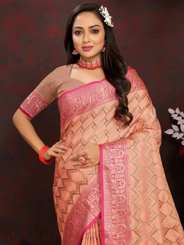 Peach_Soft_Katan_Silk_With_Zari_Weaving_Design_And_Rich_Zari_Weaving_Pallu_Border_Saree