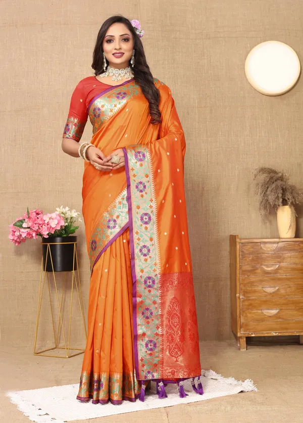 Orange_Soft_Paithani_Silk_With_Meenakari_Weaving_Design_And_Rich_Meenakari_Weaving_Pallu_Saree