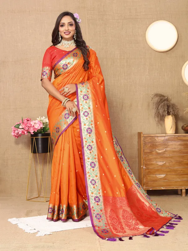 Orange_Soft_Paithani_Silk_With_Meenakari_Weaving_Design_And_Rich_Meenakari_Weaving_Pallu_Saree