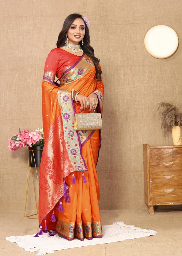 Orange_Soft_Paithani_Silk_With_Meenakari_Weaving_Design_And_Rich_Meenakari_Weaving_Pallu_Saree