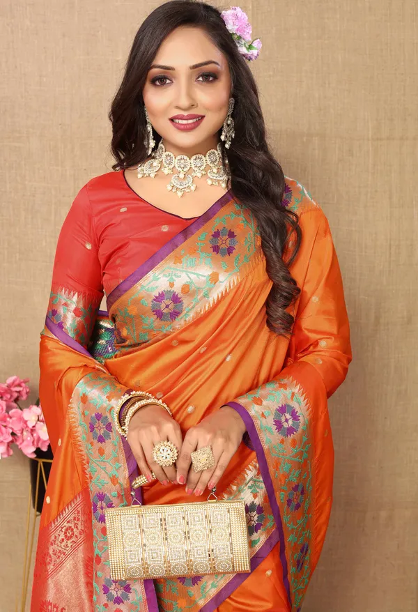 Orange_Soft_Paithani_Silk_With_Meenakari_Weaving_Design_And_Rich_Meenakari_Weaving_Pallu_Saree