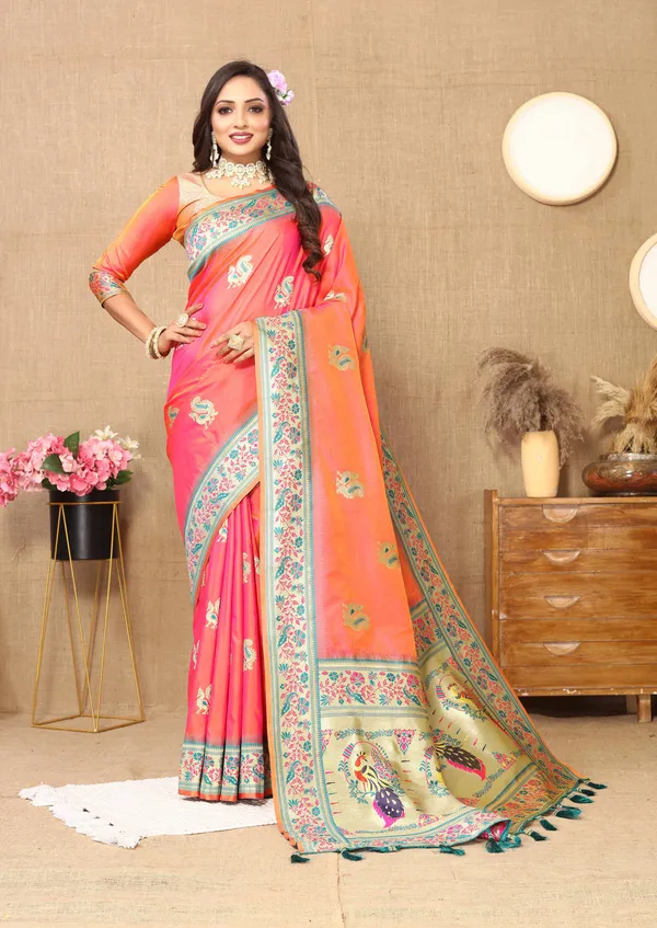 Peach_Soft_Paithani_Silk_With_Meenakari_Weaving_Design_And_Rich_Meenakari_Weaving_Pallu_Saree