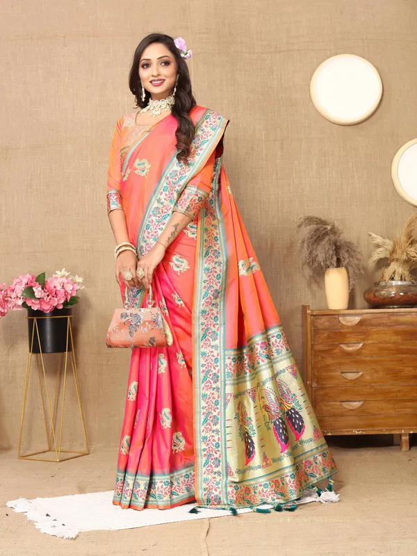 Peach_Soft_Paithani_Silk_With_Meenakari_Weaving_Design_And_Rich_Meenakari_Weaving_Pallu_Saree