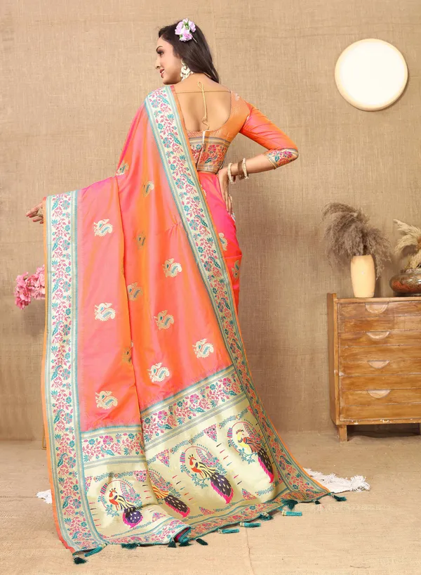 Peach_Soft_Paithani_Silk_With_Meenakari_Weaving_Design_And_Rich_Meenakari_Weaving_Pallu_Saree