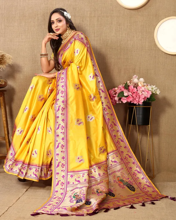Yellow_Soft_Paithani_Silk_With_Meenakari_Weaving_Design_And_Rich_Meenakari_Weaving_Pallu_Saree