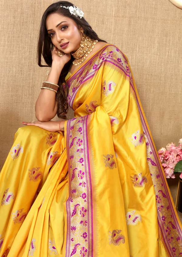 Yellow_Soft_Paithani_Silk_With_Meenakari_Weaving_Design_And_Rich_Meenakari_Weaving_Pallu_Saree