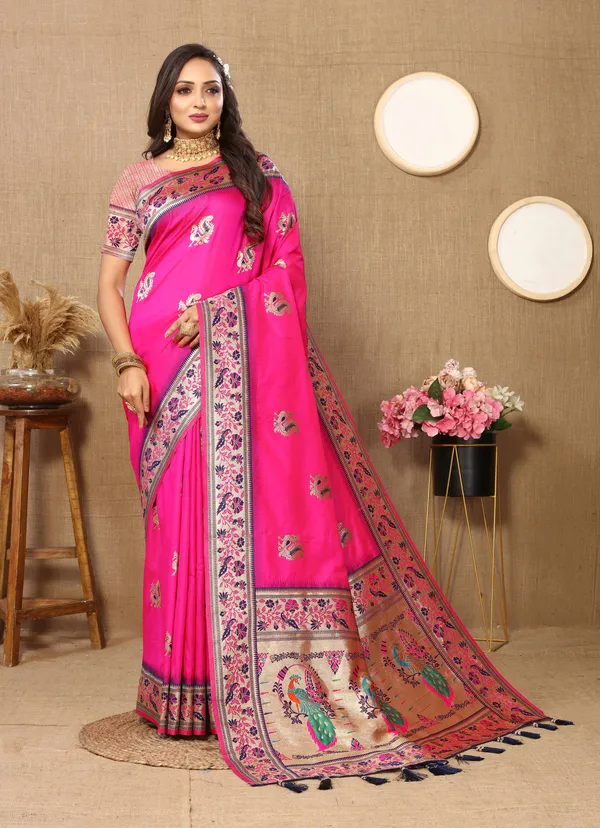 Pink_Soft_Paithani_Silk_Sari_With_Meenakari_Weaving