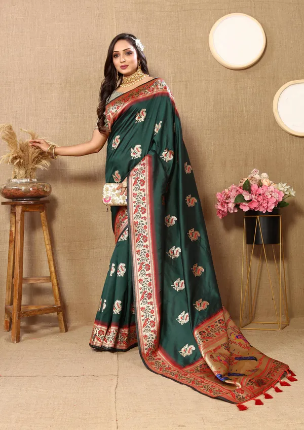 Olive_Green_Soft_Paithani_Silk_With_Meenakari_Weaving_Design_Pallu_Saree