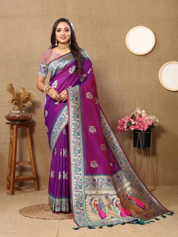 Wine_Soft_Paithani_Silk_With_Meenakari_Weaving_Design_And_Rich_Meenakari_Weaving_Pallu_Saree