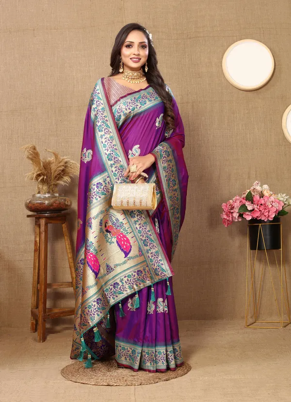 Wine_Soft_Paithani_Silk_With_Meenakari_Weaving_Design_And_Rich_Meenakari_Weaving_Pallu_Saree