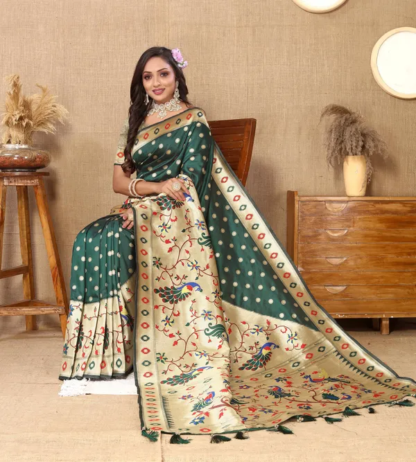 Olive_Green_Soft_Paithani_Silk_With_Meenakari_Weaving_Design_And_Rich_Meenakari_Weaving_Pallu_Saree