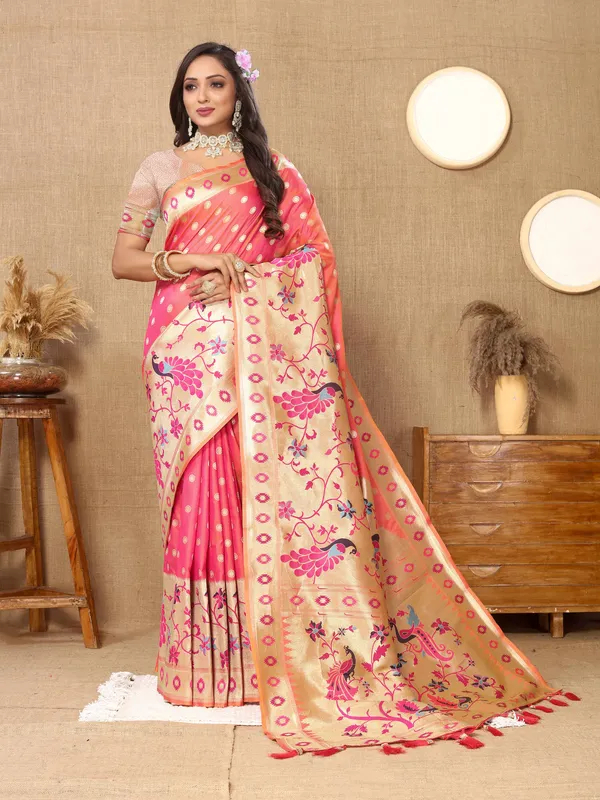 Peach_Soft_Paithani_Silk_With_Meenakari_Weaving_Design_And_Rich_Meenakari_Weaving_Pallu_Saree