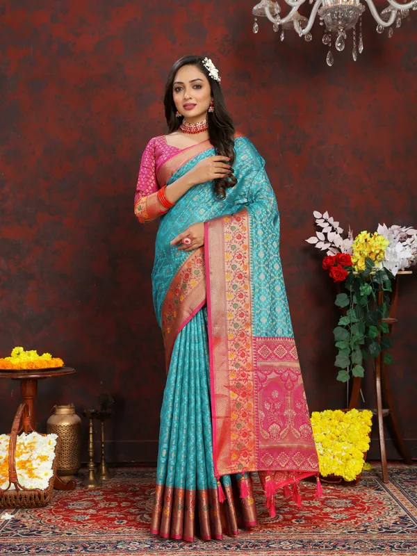 Sky_Blue_Soft_Organza_Silk_With_Meenakari_Weaving_Design_And_Rich_Meenakari_Weaving_Pallu_Saree