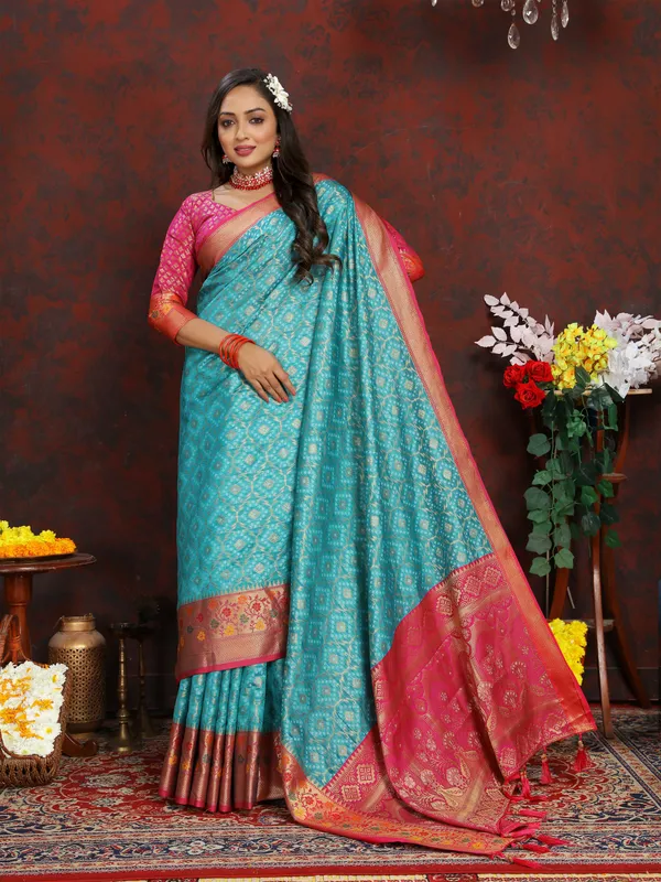 Sky_Blue_Soft_Organza_Silk_With_Meenakari_Weaving_Design_And_Rich_Meenakari_Weaving_Pallu_Saree