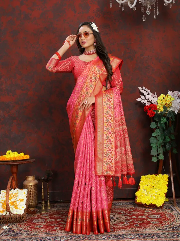 Pink_Soft_Organza_Silk_With_Meenakari_Weaving_Design_And_Rich_Meenakari_Weaving_Pallu_Saree