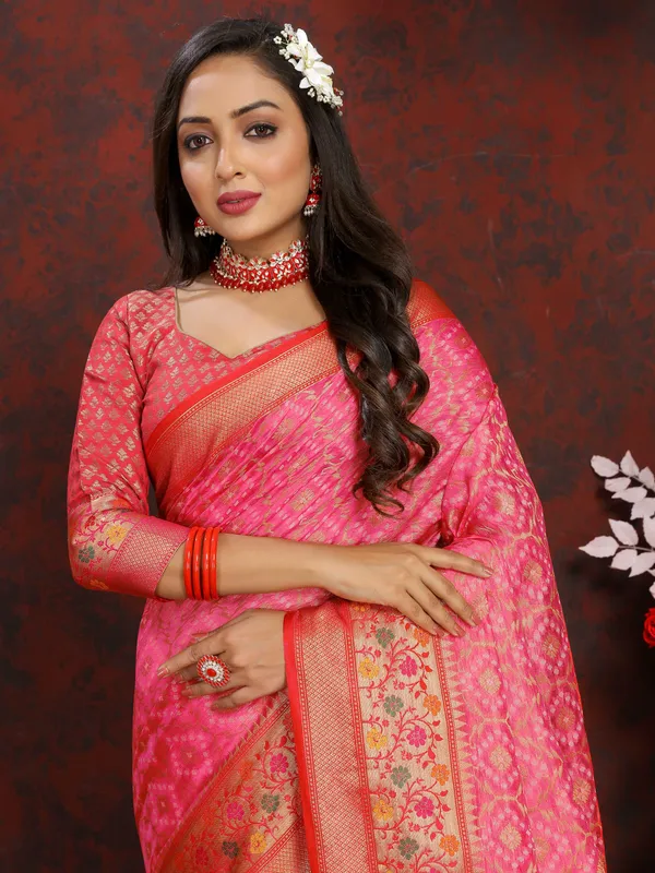 Pink_Soft_Organza_Silk_With_Meenakari_Weaving_Design_And_Rich_Meenakari_Weaving_Pallu_Saree