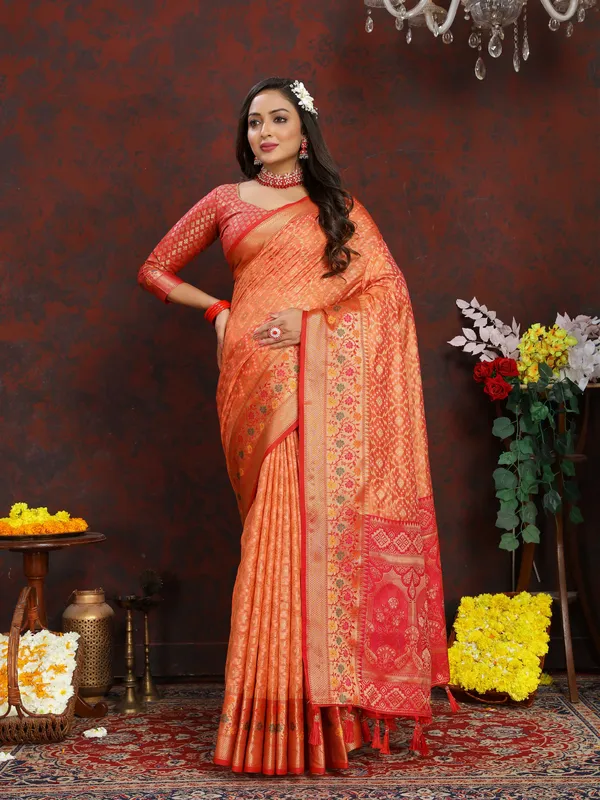 Peach_Soft_Organza_Silk_With_Meenakari_Weaving_Design_And_Rich_Meenakari_Weaving_Pallu_Saree