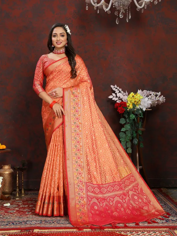 Peach_Soft_Organza_Silk_With_Meenakari_Weaving_Design_And_Rich_Meenakari_Weaving_Pallu_Saree