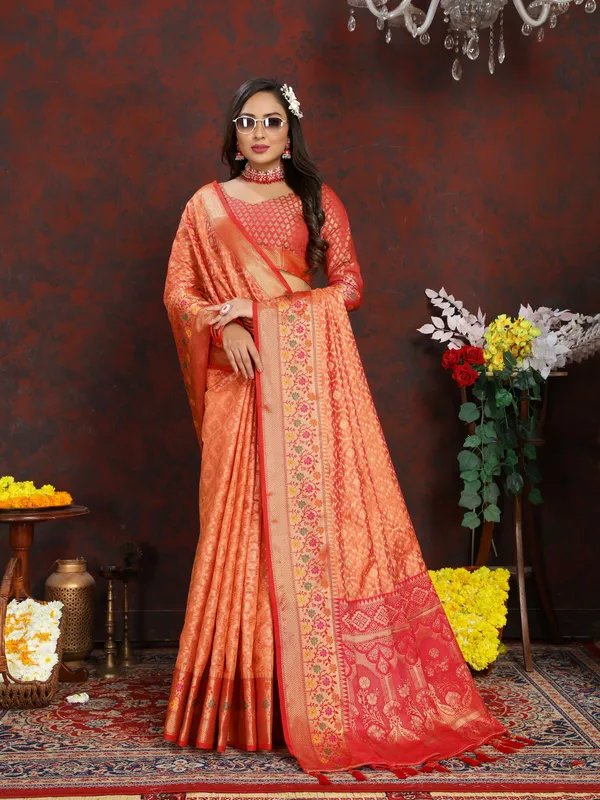Peach_Soft_Organza_Silk_With_Meenakari_Weaving_Design_And_Rich_Meenakari_Weaving_Pallu_Saree