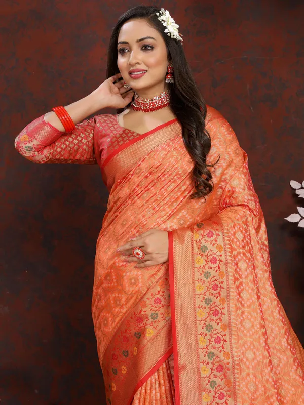 Peach_Soft_Organza_Silk_With_Meenakari_Weaving_Design_And_Rich_Meenakari_Weaving_Pallu_Saree