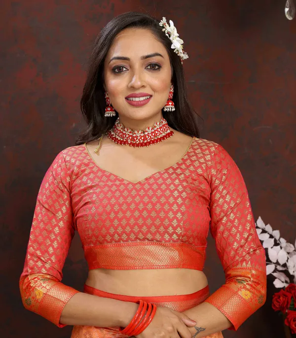 Peach_Soft_Organza_Silk_With_Meenakari_Weaving_Design_And_Rich_Meenakari_Weaving_Pallu_Saree