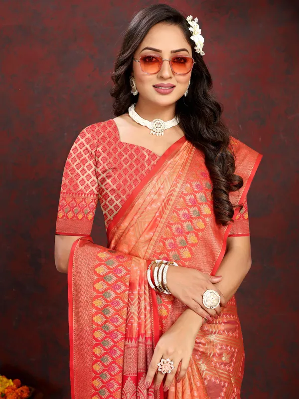 Peach_Soft_Organza_Silk_With_Meenakari_Weaving_Design_And_Rich_Meenakari_Weaving_Pallu_Saree