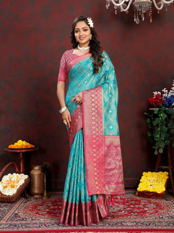 Sky_Blue_Soft_Organza_Silk_With_Meenakari_Weaving_Design_And_Rich_Meenakari_Weaving_Pallu_Saree