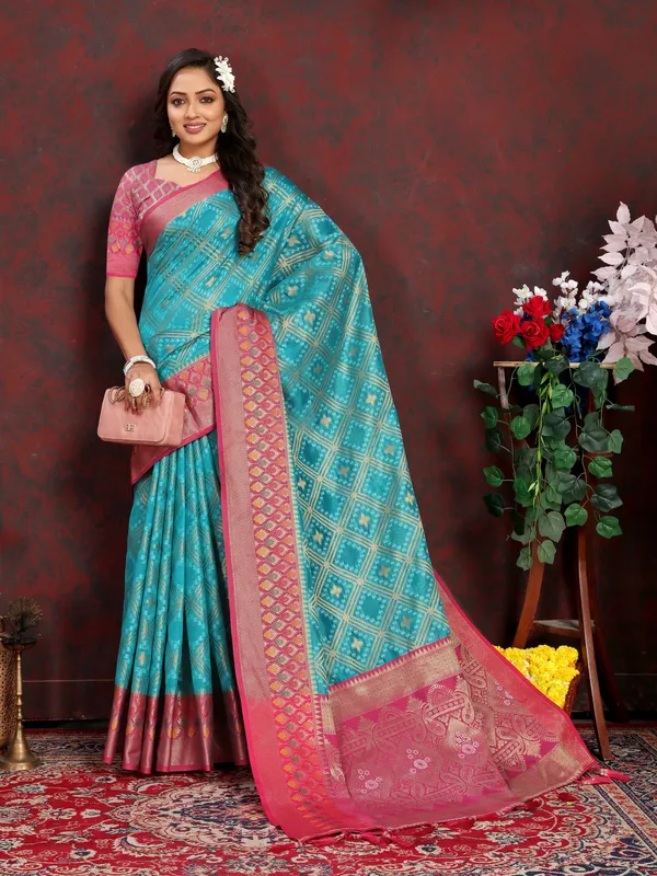 Sky_Blue_Soft_Organza_Silk_With_Meenakari_Weaving_Design_And_Rich_Meenakari_Weaving_Pallu_Saree