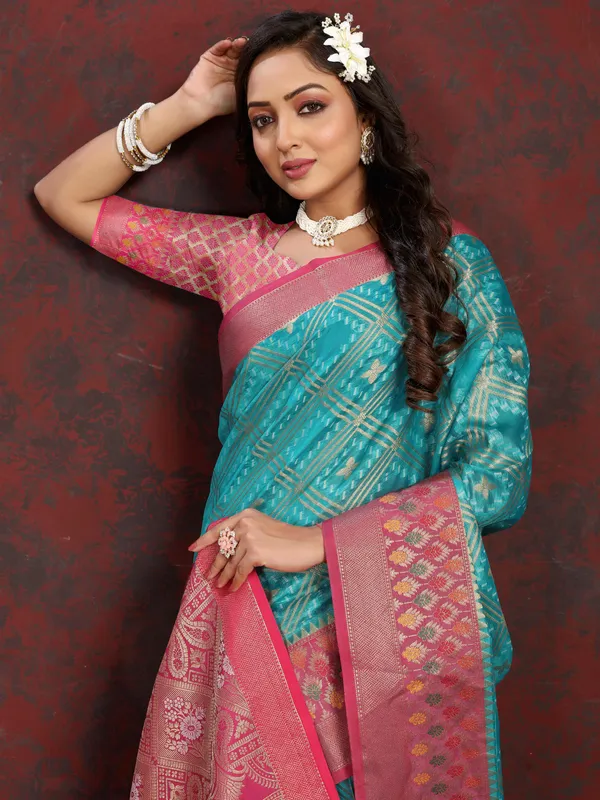 Sky_Blue_Soft_Organza_Silk_With_Meenakari_Weaving_Design_And_Rich_Meenakari_Weaving_Pallu_Saree