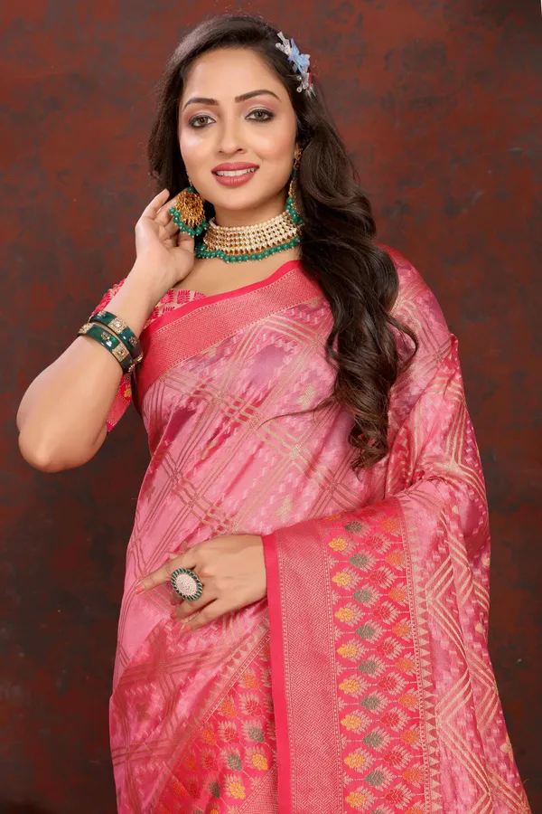 Pink_Soft_Organza_Silk_With_Meenakari_Weaving_Design_And_Rich_Meenakari_Weaving_Pallu_Saree