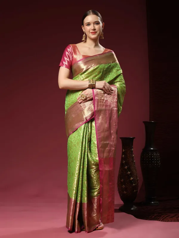 Parrot_Green_Soft_Banarasi_Silk_With_Beautiful_Gold_Zari_Weaving_With_Rich_Pallu_Saree