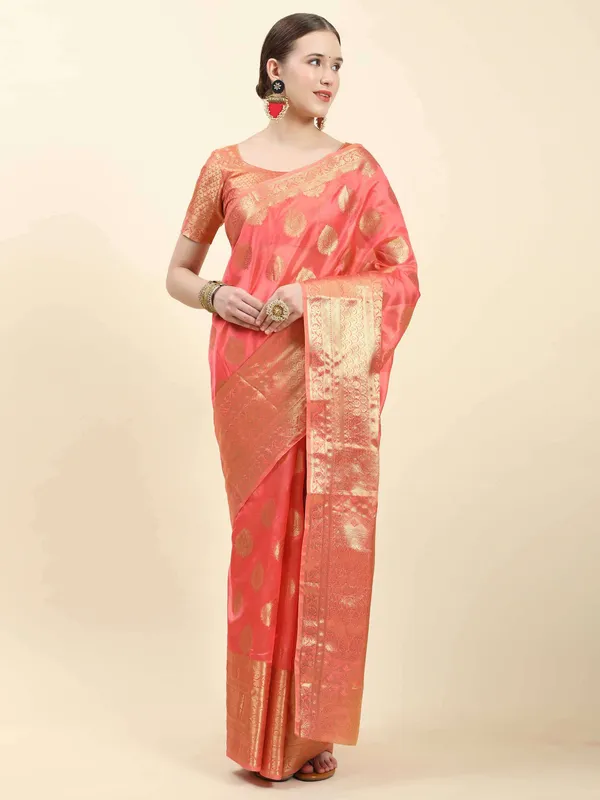 Peach_Organza_Silk_With_Beautiful_Gold_Zari_Weaving_With_Rich_Pallu_Saree