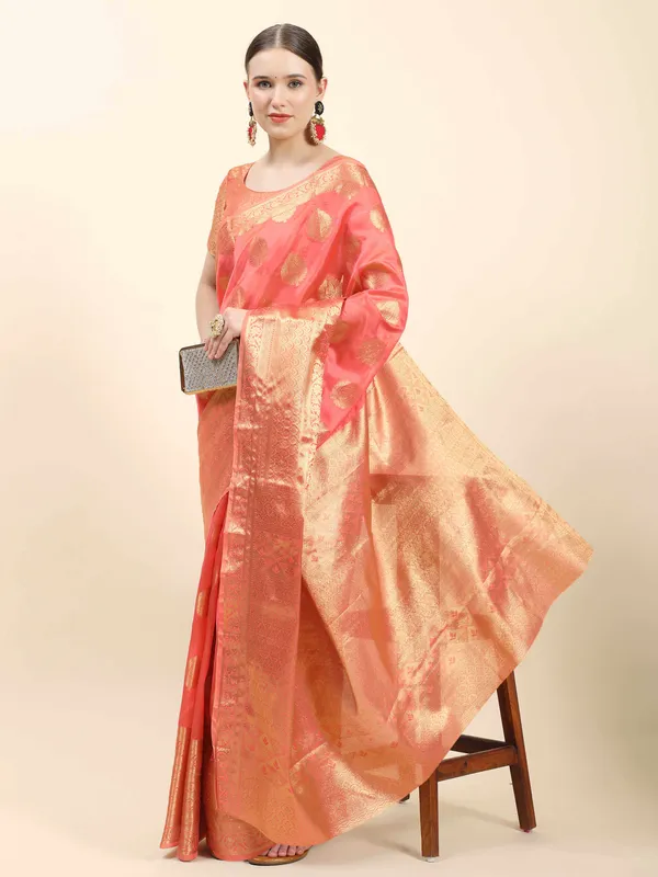 Peach_Organza_Silk_With_Beautiful_Gold_Zari_Weaving_With_Rich_Pallu_Saree