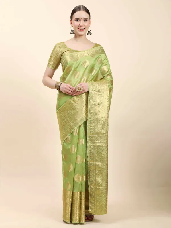 Parrot_Green_Organza_Silk_With_Beautiful_Gold_Zari_Weaving_With_Rich_Pallu_Saree